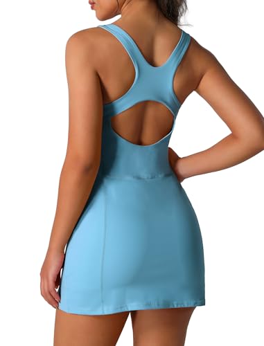 IDOPIP Tenniskleid Damen Sportkleidung Frauen mit BH Sporthose kurz Golfkleid Radlerhose Gym Shorts Tennisrock Ärmellos Sommerkleid Minikleid Freizeitkleider Für Sport Baseball Badminton blau L von IDOPIP