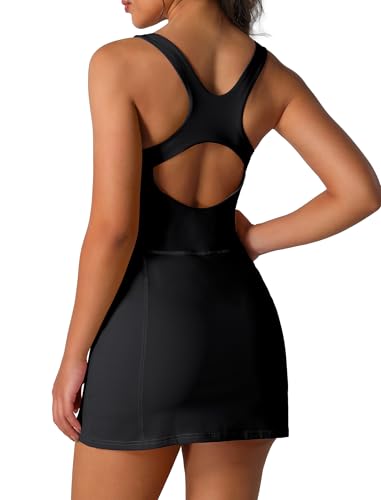 IDOPIP Tenniskleid Damen Sportkleidung Frauen mit BH Sporthose kurz Golfkleid Radlerhose Gym Shorts Tennisrock Ärmellos Sommerkleid Minikleid Freizeitkleider Für Sport Baseball Badminton schwarz L von IDOPIP