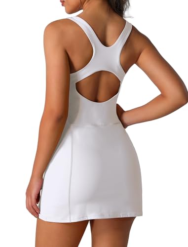 IDOPIP Tenniskleid Damen Sportkleidung Frauen mit BH Sporthose kurz Golfkleid Radlerhose Gym Shorts Tennisrock Ärmellos Sommerkleid Minikleid Freizeitkleider Für Sport Baseball Badminton weiß S von IDOPIP