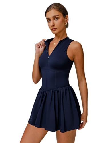 IDOPIP Tenniskleid Damen mit Hose drunter für Sport: Ärmellos kurz Sommerkleid Shorts mit Tasche und integriertem BH - Sommer Sportkleid für Tennis, Golf und Yoga blau L von IDOPIP