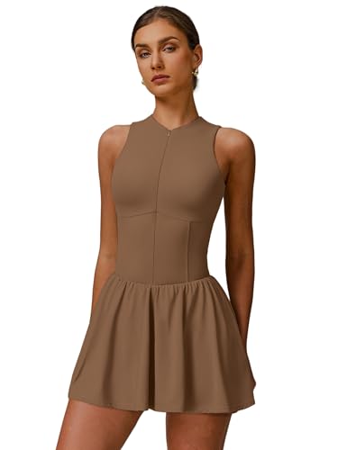 IDOPIP Tenniskleid Damen mit Hose drunter für Sport: Ärmellos kurz Sommerkleid Shorts mit Tasche und integriertem BH - Sommer Sportkleid für Tennis, Golf und Yoga braun M von IDOPIP