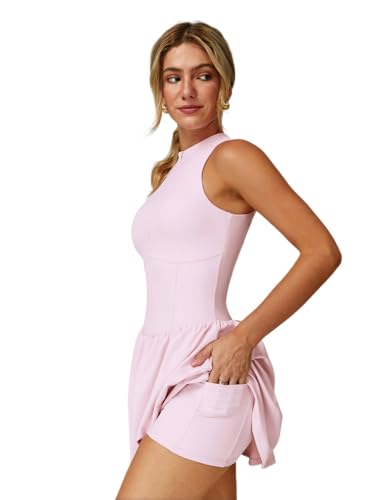 IDOPIP Tenniskleid Damen mit Hose drunter für Sport: Ärmellos kurz Sommerkleid Shorts mit Tasche und integriertem BH - Sommer Sportkleid für Tennis, Golf und Yoga rosa S von IDOPIP
