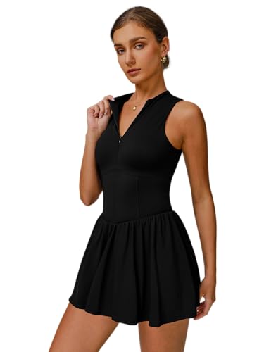 IDOPIP Tenniskleid Damen mit Hose drunter für Sport: Ärmellos kurz Sommerkleid Shorts mit Tasche und integriertem BH - Sommer Sportkleid für Tennis, Golf und Yoga schwarz S von IDOPIP