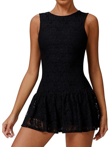 IDOPIP Tenniskleid Damen mit Hose und BH: Elegant Spitze Sommerkleid mit Shorts und beweglichen Polster - Sportkleid mit Reißverschluss für Tennis Golf Yoga schwarz L von IDOPIP