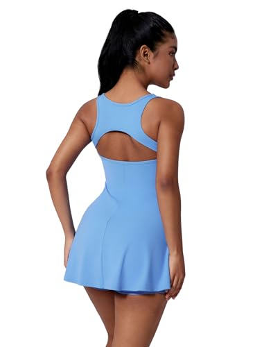 IDOPIP Tenniskleid Damen mit Hose und Tasche: Rückenfrei kurz Sommerkleid mit integriertem BH und Shorts - Schnelltrocknend Sportkleid für Tennis, Golf und Yoga blau S von IDOPIP