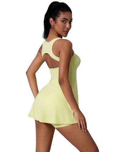 IDOPIP Tenniskleid Damen mit Hose und Tasche: Rückenfrei kurz Sommerkleid mit integriertem BH und Shorts - Schnelltrocknend Sportkleid für Tennis, Golf und Yoga gelb M von IDOPIP