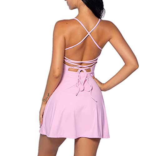 IDOPIP Tenniskleid für Damen mit integriertem BH und Shorts mit Taschen Sexy Schnürung Rückenfreies Golf Athletic Sportkleider Ärmelloses Sommer-Minikleid in A-Linie Rosa M von IDOPIP