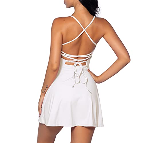 IDOPIP Tenniskleid für Damen mit integriertem BH und Shorts mit Taschen Sexy Schnürung Rückenfreies Golf Athletic Sportkleider Ärmelloses Sommer-Minikleid in A-Linie Weiß L von IDOPIP