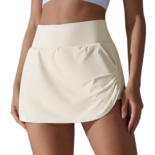 IDOPIP Tennisrock Damen Hosenrock mit Taschen Sportrock mit Hose Drunter Rock mit Shorts Minirock Activewear Hohe Taille Golf Röcke Pickleball Skirt Sommerrock Für Sport Outdoor Workout Aprikose S von IDOPIP