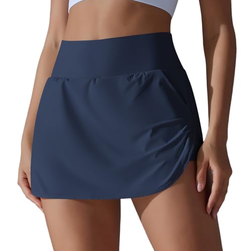 IDOPIP Tennisrock Damen Hosenrock mit Taschen Sportrock mit Hose Drunter Rock mit Shorts Minirock Activewear Hohe Taille Golf Röcke Pickleball Skirt Sommerrock Für Sport Outdoor Workout blau M von IDOPIP