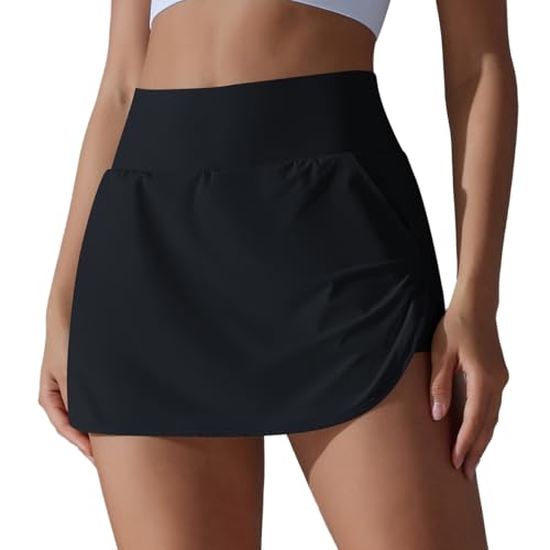 IDOPIP Tennisrock Damen Hosenrock mit Taschen Sportrock mit Hose Drunter Rock mit Shorts Minirock Activewear Hohe Taille Golf Röcke Pickleball Skirt Sommerrock Für Sport Outdoor Workout schwarz L von IDOPIP