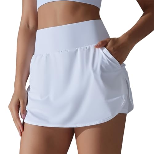 IDOPIP Tennisrock Damen Hosenrock mit Taschen Sportrock mit Hose Drunter Rock mit Shorts Minirock Activewear Hohe Taille Golf Röcke Pickleball Skirt Sommerrock Für Sport Outdoor Workout weiß S von IDOPIP