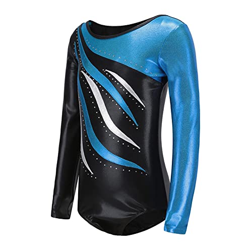 IDOPIP Turnanzug Mädchen Langarm Glitzernde Kinder Gymnastikanzug Athletisch Training Rundhalsausschnitt Ballett Trikot Dancewear Blau 10-12 Jahre von IDOPIP