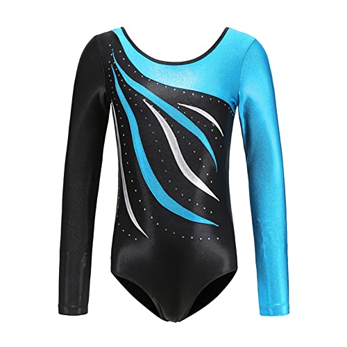 IDOPIP Turnanzug Mädchen Langarm Glitzernde Kinder Gymnastikanzug Athletisch Training Rundhalsausschnitt Ballett Trikot Dancewear Himmelblau 9-10 Jahre von IDOPIP