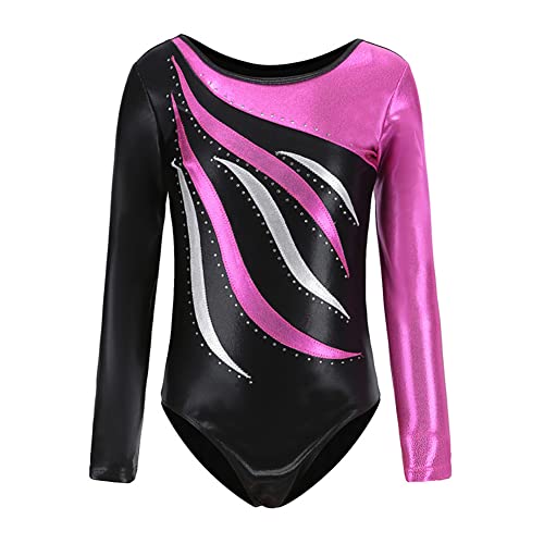 IDOPIP Turnanzug Mädchen Langarm Glitzernde Kinder Gymnastikanzug Athletisch Training Rundhalsausschnitt Ballett Trikot Dancewear Rosa 6-7 Jahre von IDOPIP