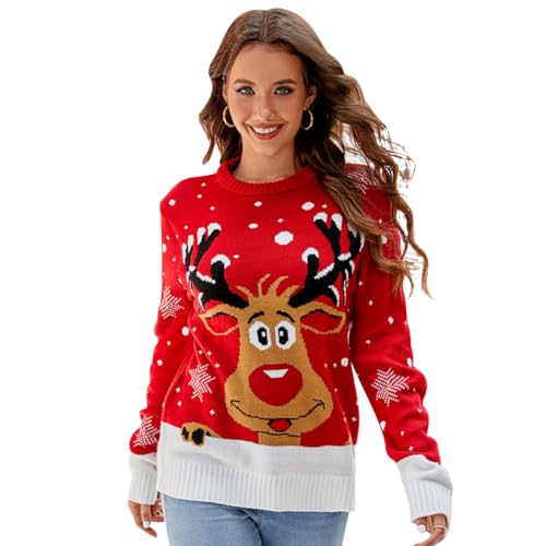 IDOPIP Weihnachtspullover Damen Merry Christmas Sweatshirt Weihnachtsshirt Langarm mit Elch Weihnacht Oberteile Weihnachtskleidung Tops Weihnachtspulli Langarmshirt Teenager Mädchen Hirsch-rot XL von IDOPIP