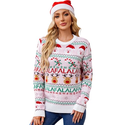 IDOPIP Weihnachtspullover Damen Merry Christmas Sweatshirt Weihnachtsshirt Langarm mit Elch Weihnacht Oberteile Weihnachtskleidung Tops Weihnachtspulli Langarmshirt Teenager Mädchen rosa XL von IDOPIP