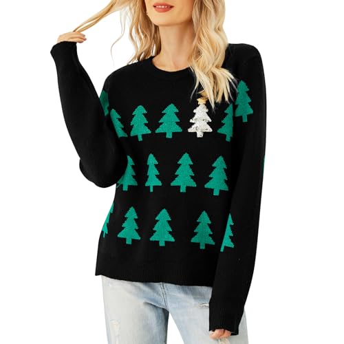 IDOPIP Weihnachtspullover Damen Weihnachten Top Sweatshirt Lustig Weihnachtspulli Pullover Merry Christmas Sweater Langarm Sweatshirt Strickpullover mit Weihnachtsbaum Top Herbst Winter grün XL von IDOPIP