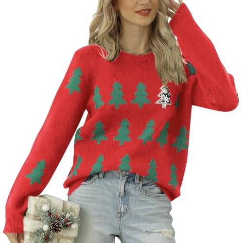 IDOPIP Weihnachtspullover Damen Weihnachten Top Sweatshirt Lustig Weihnachtspulli Pullover Merry Christmas Sweater Langarm Sweatshirt Strickpullover mit Weihnachtsbaum Top Herbst Winter rot M von IDOPIP
