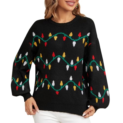 IDOPIP Weihnachtspullover Damen Weihnachten Top Sweatshirt Lustig Weihnachtspulli Pullover Merry Christmas Sweater Langarm Sweatshirt Strickpullover mit Weihnachtsbaum Top Herbst Winter schwarz M von IDOPIP