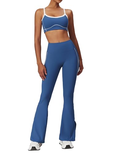 IDOPIP Zweiteiler Sport Set für Damen: Kontrastfarbe Gym Set mit Kompression gepolstertem BH und Po-Lifting Leggings Hose mit Schlitz - Yoga Outfit für Fitness Pilates Workout blau M von IDOPIP