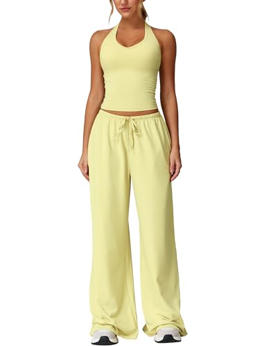 IDOPIP Zweiteiler Sport Set für Damen: Neckholder Rückenfrei Gym Set mit gepolstertem BH und Sporthose Weites Bein - Sommer Jogginganzug für Fitness Yoga Pilates Workout gelb L von IDOPIP