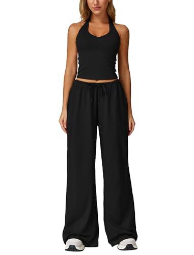IDOPIP Zweiteiler Sport Set für Damen: Neckholder Rückenfrei Gym Set mit gepolstertem BH und Sporthose Weites Bein - Sommer Jogginganzug für Fitness Yoga Pilates Workout schwarz S von IDOPIP