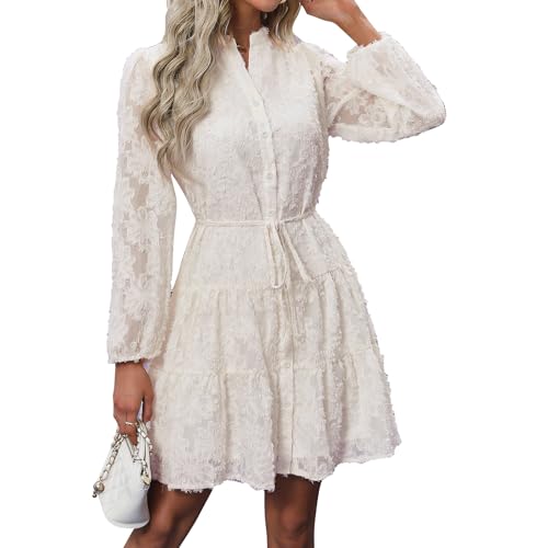 Kleid Langarm Damen Herbst Winter Freizeitkleider Elegant Abendkleider Rüschen Saum Knielang Cocktailkleid A-Linie Brautjungfernkleid Kleid Hochzeitsgast Damen Partykleid mit Gürtel IDOPIP aprikose XL von IDOPIP