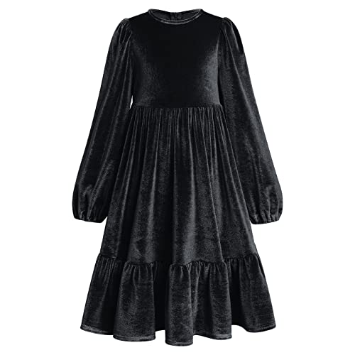 Mädchen Samtkleid Vintage Herbst Winter Kleid Langarm A-Linie Swing Midikleider Basic Kinder A-Linie Freizeitkleid Rundhals Skaterkleider Schwarz 11-12 Jahre von IDOPIP
