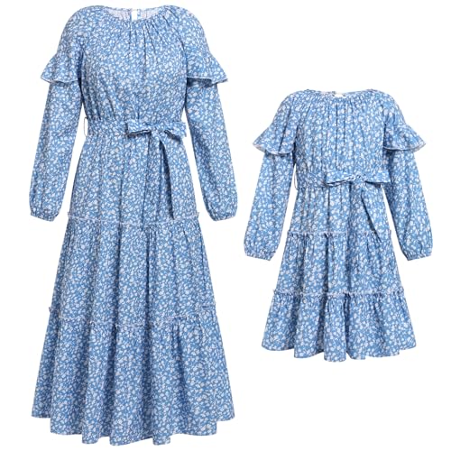 Mutter und Tochter Kleid Langarm Kleid Herbst Winter Maxikleid Lang Strandkleid Familien Boho Freizeitkleid Mama Mädchen Passend Familie Kleidung Familie Passendes Outfit IDOPIP Blume-blau 11-12 Jahre von IDOPIP