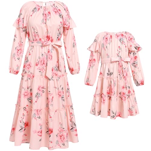 Mutter und Tochter Kleid Langarm Kleid Herbst Winter Maxikleid Lang Strandkleid Familien Boho Freizeitkleid Mama Mädchen Passend Familie Kleidung Familie Passendes Outfit IDOPIP Blume-rosa 11-12 Jahre von IDOPIP