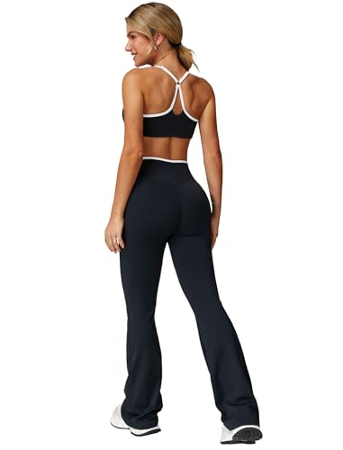 Sport-Set Zweiteiler Damen für Fitness: Kontrastfarbe Rückenfrei Gym Set mit Kompression gepolstertem BH und Crossover Po-Lifting Leggings Schlaghose - Yoga Outfit für Pilates Workout schwarz XL von IDOPIP