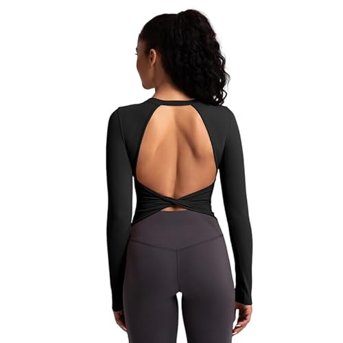 Sportshirt Damen Langarm rückenfrei: Oberteil Twist zurück Top mit feste Cups - Sexy Sommer Shirt für Yoga Fitness Gym schwarz M Sportshirt Damen Langarm rückenfrei: Oberteil Twist zurück Top mit feste Cups - Sexy Sommer Shirt für Yoga Fitness Gym schwarz M von IDOPIP