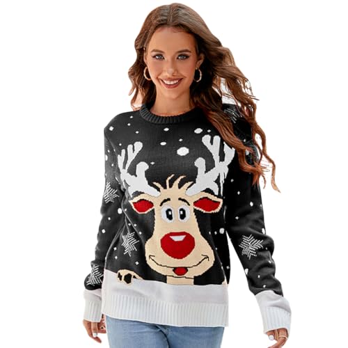 Weihnachtspullover Damen Merry Christmas Sweatshirt Weihnachtsshirt Langarm mit Elch Weihnacht Oberteile Weihnachtskleidung Tops Weihnachtspulli Langarmshirt Teenager Mädchen IDOPIP Hirsch-schwarz XXL von IDOPIP