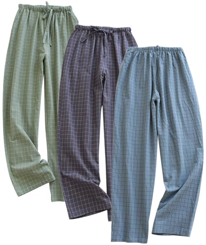 IDORIC 3er Pack Herren Schlafanzughose Lang Baumwolle Karierte Pyjamahose Lounge Hose Pyjamaunterteil Freizeithose mit Seitentaschen für Männer, Gerade Geschnitten von IDORIC