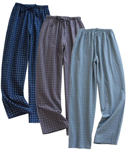 IDORIC 3er Pack Herren Schlafanzughose Lang Baumwolle Karierte Pyjamahose Lounge Hose Pyjamaunterteil Freizeithose mit Seitentaschen für Männer, Gerade Geschnitten von IDORIC