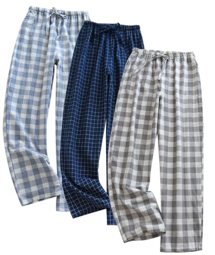 IDORIC 3er Pack Herren Schlafanzughose Lang Baumwolle Karierte Pyjamahose Lounge Hose Pyjamaunterteil Freizeithose mit Seitentaschen für Männer, Gerade Geschnitten von IDORIC