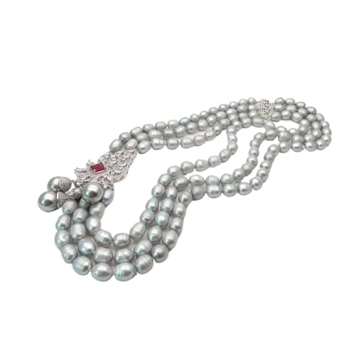 IDUTQUMW 22" 3 Stränge Grauer Reis Süßwasserperlen Halskette Muschel Birne Zirkonia Flammenförmige Verbindungskette for Frauen von IDUTQUMW