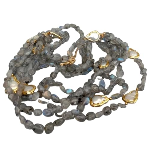 IDUTQUMW 5 Stränge natürliche graue Labradorite Freiform-kultivierte weiße Tropfenperlen-Halskette Vintage for Frauen 24" von IDUTQUMW