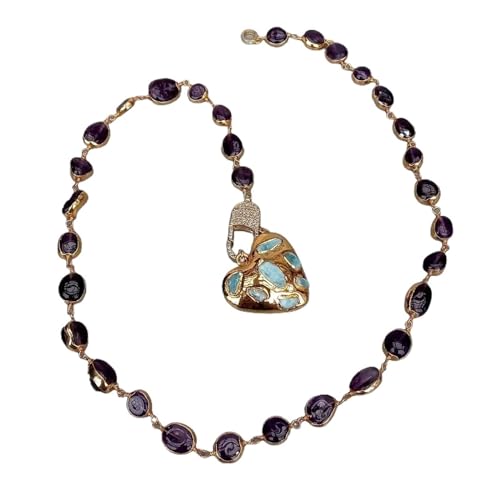 IDUTQUMW Blauer herzförmiger Larimar-Anhänger for Frauen, natürlicher Amethyst mit galvanisierter Wickelhalskette von IDUTQUMW