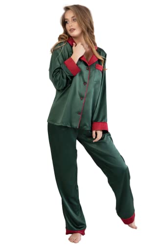 IDentity LNGR Seide Pyjama für Damen Set, Satin Pyjama Set Damen, Lang PJs Pyjama Nachtwäsche, Grün und Burgunderrot, 36 von IDentity LNGR