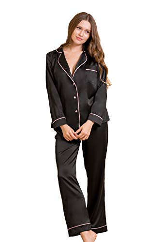 IDentity LNGR Seide Pyjama für Damen Set, Satin Pyjama Set Damen, Lang PJs Pyjama Nachtwäsche, Schwarz , 46 von IDentity LNGR