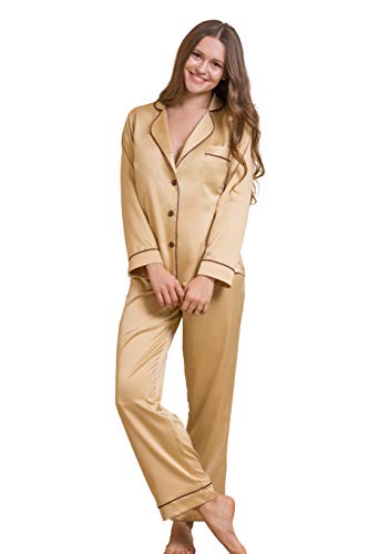 IDentity LNGR Seide Pyjama für Damen Set, Satin Pyjama Set Damen, Lang PJs Pyjama Nachtwäsche, gold, 36 von IDentity LNGR