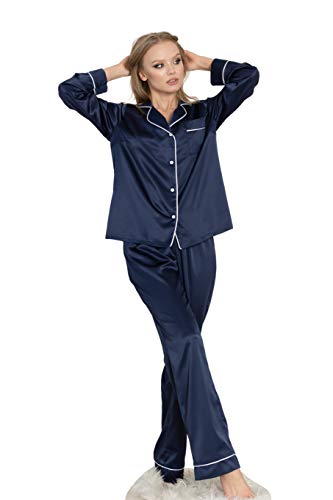 IDentity LNGR Seide Pyjama für Damen Set, Satin Pyjama Set Damen, Lang PJs Pyjama Nachtwäsche, navy, 46 von IDentity LNGR