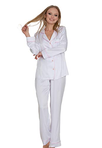 IDentity LNGR Seide Pyjama für Damen Set, Satin Pyjama Set Damen, Lang PJs Pyjama Nachtwäsche, weiß, 36 von IDentity LNGR