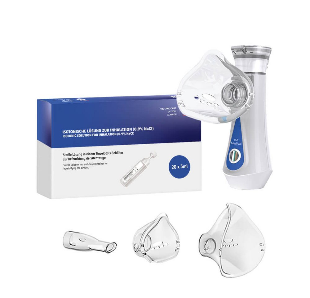 IEA Medical Inhalator Inhalationsgerät & Kochsalzlösung 0,9% NaCl im Set, Komplettset, Inhalationsgerät und Kochsalzlösung, Familienfreundliches Bundle, für Erwachsene & Kinder, Masken inkl. von IEA Medical