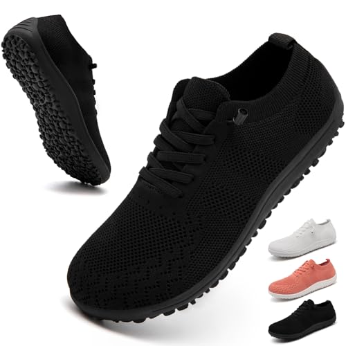 IEBPEH Barfußschuhe Damen Barfuss Schuhe Laufschuhe Turnschuhe Sneaker Sportschuhe Slip On Breite Zehenbox Atmungsaktiv Leichte Straßenlaufschuhe schwarz 40 von IEBPEH