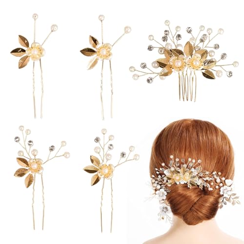 IEBTAWN 5 Stück Haarschmuck Hochzeit, Kristall Perlen Brautschmuck Haarkamm U-Förmig Braut Haarnadeln, Blatt Braut Hochzeit Haarnadeln Gold Strass Haarteil Braut Haarkämme Hochzeit Haarschmuck Für Fra von IEBTAWN