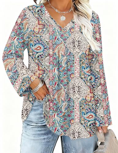 Damen Plus Size Bluse 3/4 Langerm V-Ausschnitt Herbst Tops Locker Tunika Große Größen Shirt Elegant Oberteil (Böhmen,4XL) von IECCP