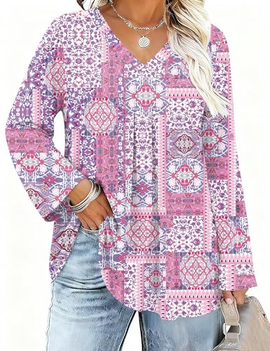 Damen Plus Size Bluse 3/4 Langerm V-Ausschnitt Herbst Tops Locker Tunika Große Größen Shirt Elegant Oberteil (Rosa Quadrat,5XL) von IECCP